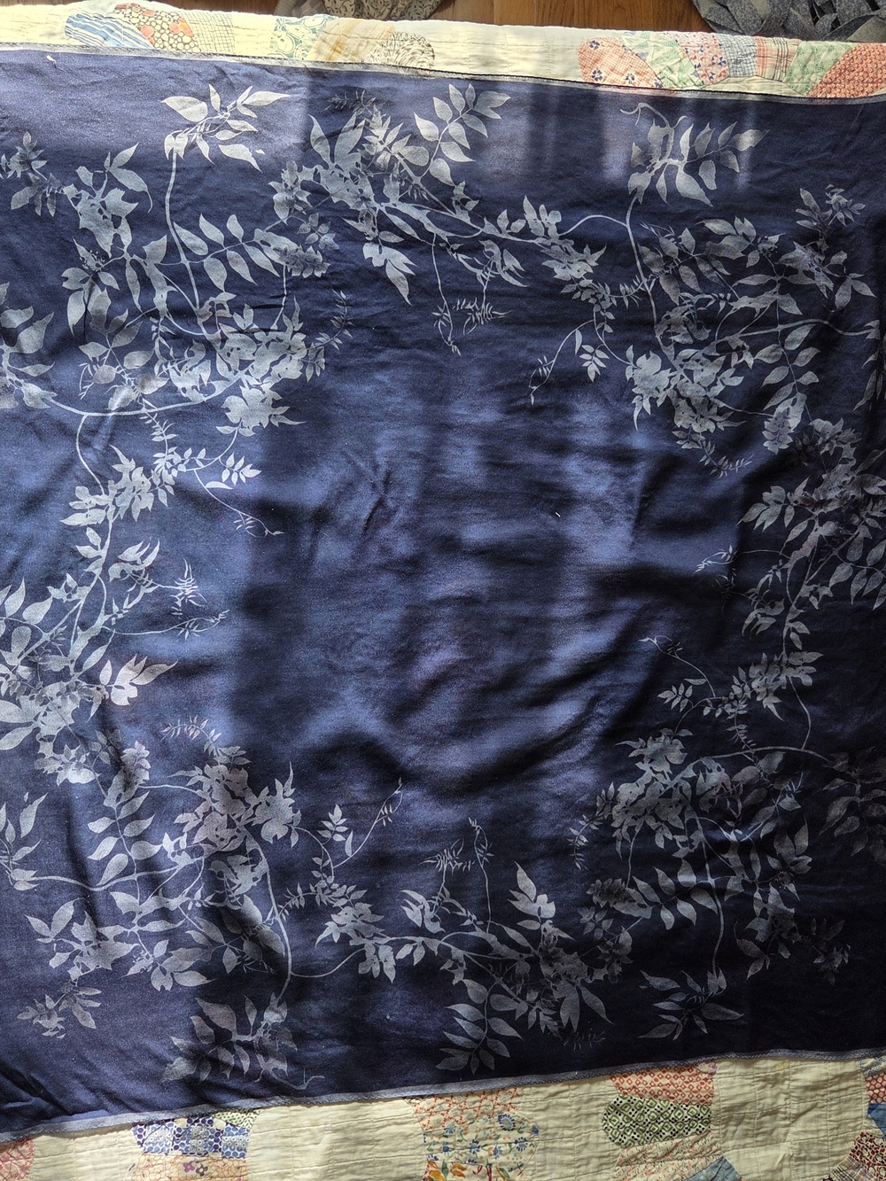 Anne Klein Navy Blue 100% Silk Scarf with Pale Floral Vine Print